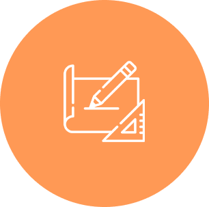 Pencil and blueprint icon on orange background.