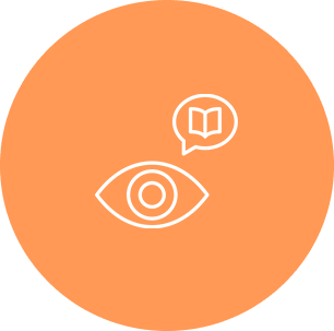 Eye and book icon on orange circle.